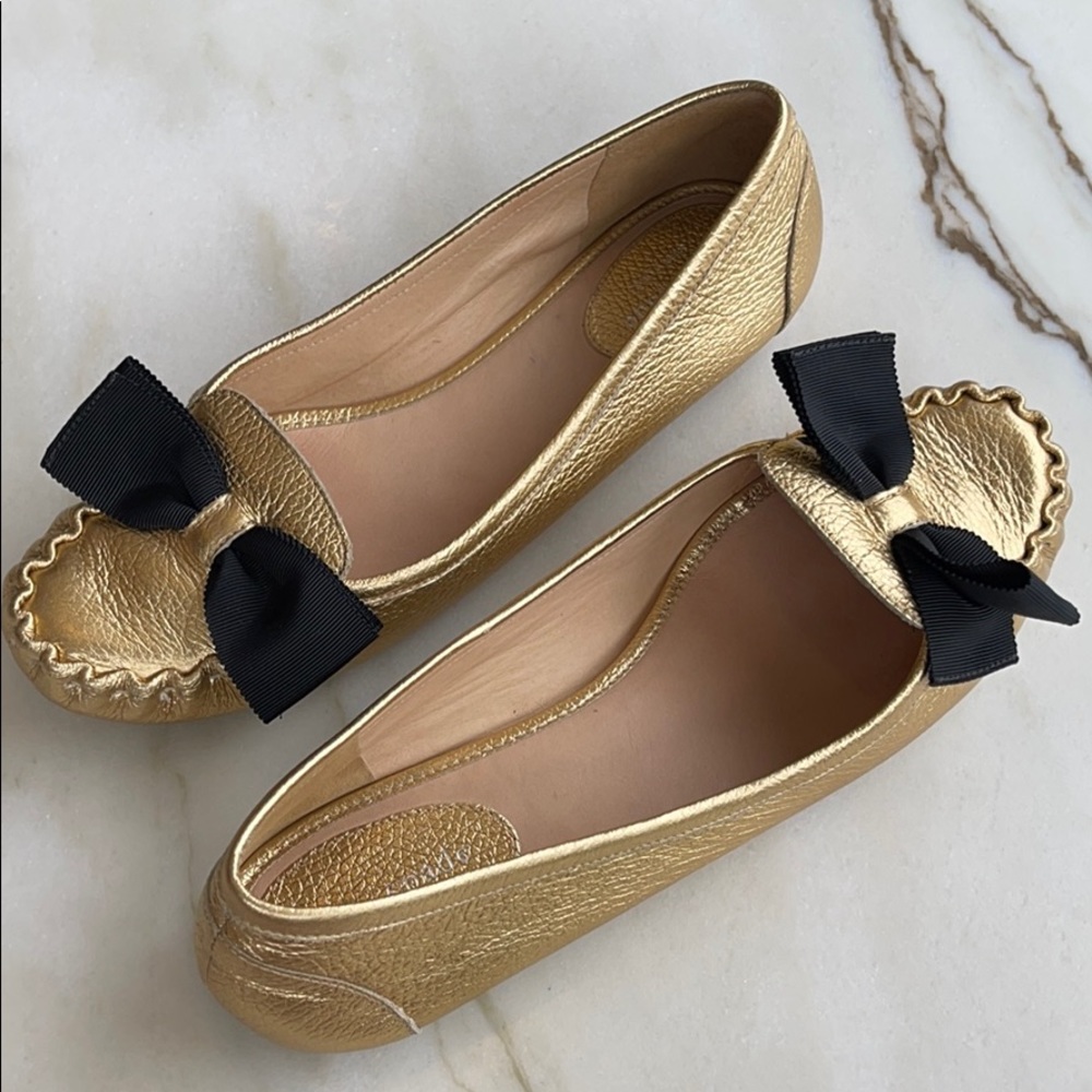 Kate Spade Gold Flats with Black Bow